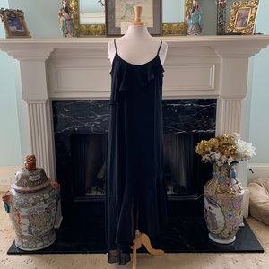 Black asymmetrical hem chiffon w/ ruffle detail dress